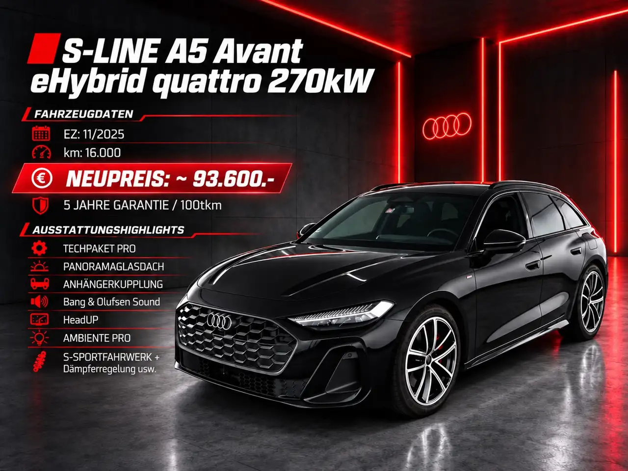 Audi A5 S-LINE INT+EXT A5 eHYBRID qu 270kW B&O HeadUP PANO AHK MATRIX AMBIENTE-PRO TECHPRO OLED — photo 1 of 3